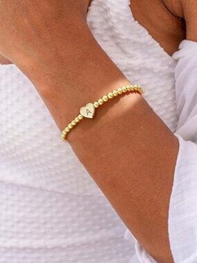 Dainty Heart Initial Beaded Bracelet for Women | A–Z Stretch Charm Bracelet